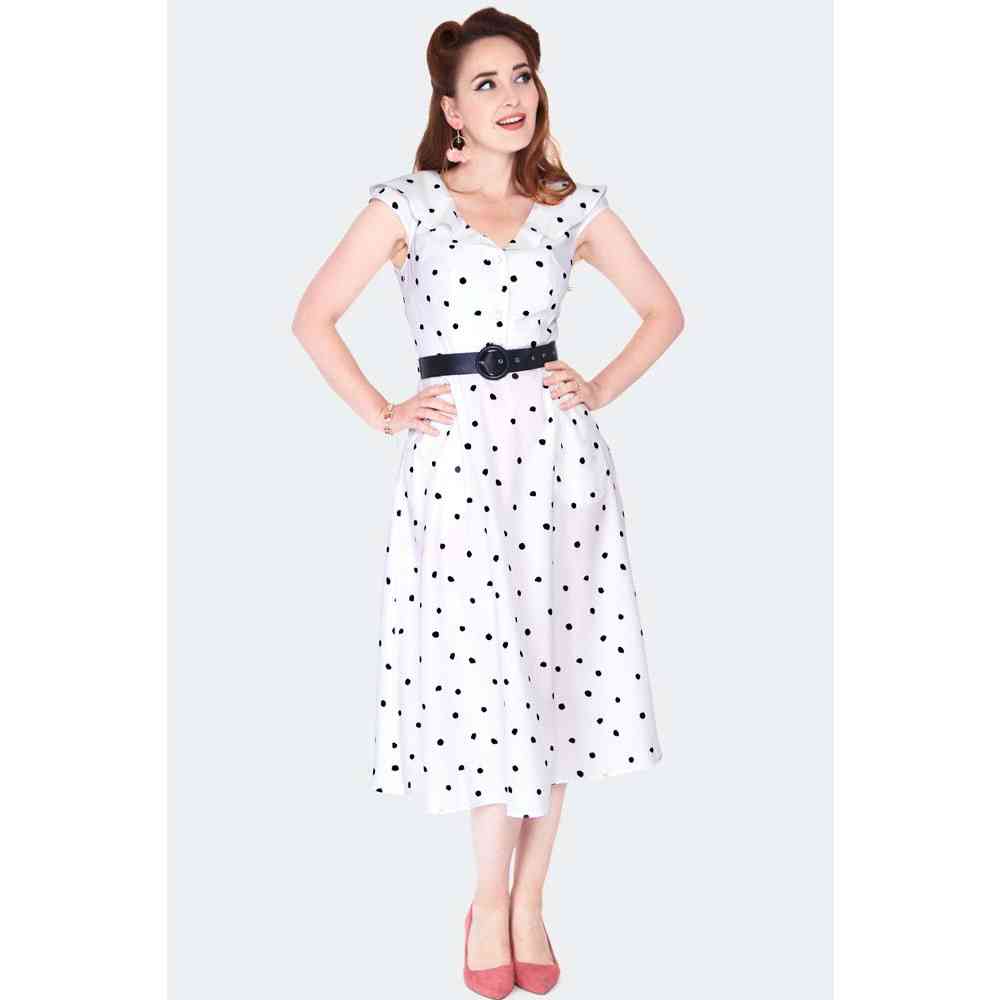 Voodoo Vixen - Polka dot wide collar Flare jurk - XL - Wit